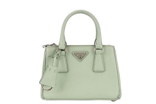PRADA SAFFIANO LUX SMALL GALLERIA DOUBLE ZIP TOTE AQUAMARINE SILVER HARDWARE WITH CARD AND DUST COVER