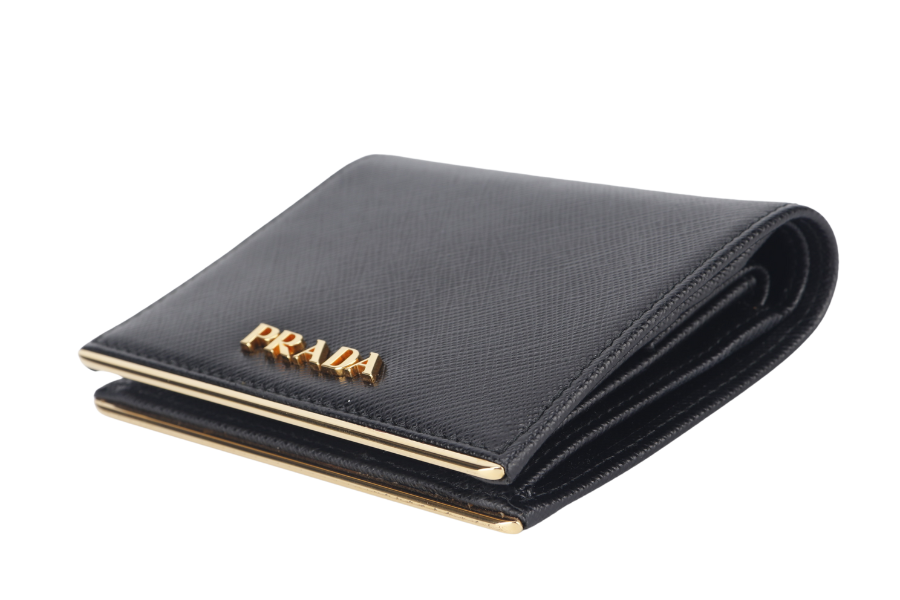 PRADA BLACK SAFFIANO CARD CASE WITH COIN POUCH GOLD HARDWARE NO CARD WITH BOX