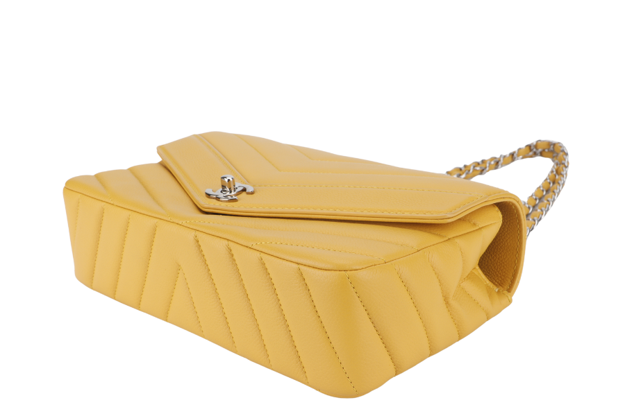 CHANEL CHEVRON FLAP (2432xxxx) MUSTARD MATTE CAVIAR SILVER HARDWARE WITH  AND BOX