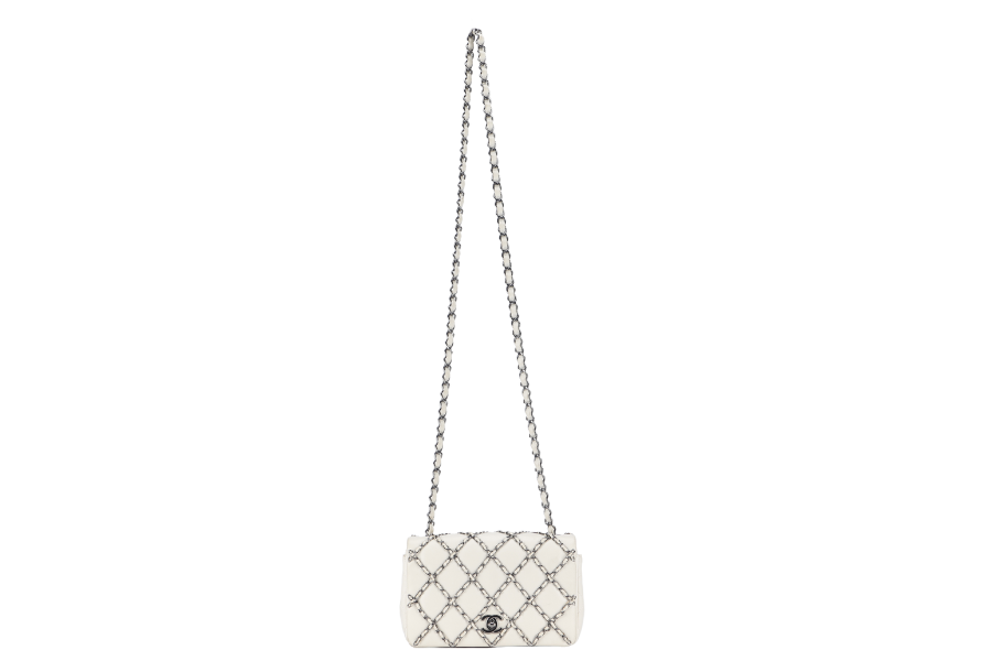 CHANEL QUILTING ENCHAINED FLAP BAG (1968xxxx) WHITE LAMBSKIN LEATHER SILVER HARDWARE WITH , DUST COVER AND BOX