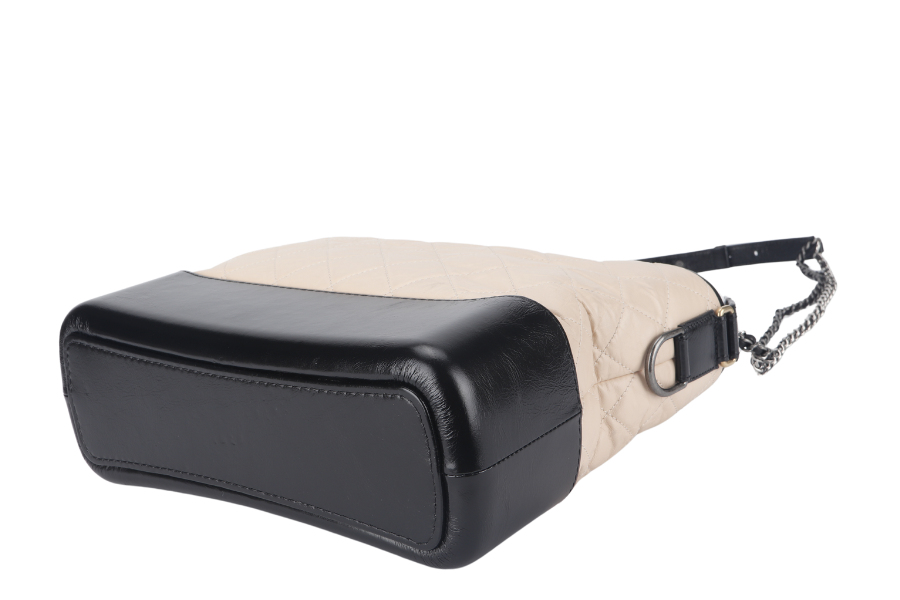 CHANEL GABRIELLE HOBO MEDIUM (2403xxxx) BEIGE-BLACK AGED CALFSKIN WITH GOLD TONE/SILVER TONE & RUTHENIUM HARDWARE WITH DUST COVER AND BOX