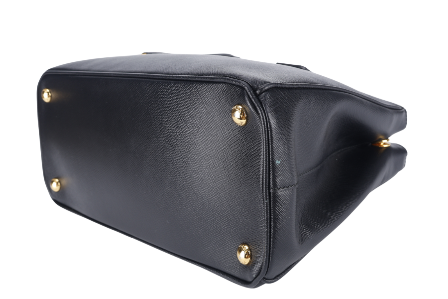 PRADA BN1801 DOUBLE ZIP SATCHEL BAG BLACK SAFFIANO LEATHER GOLD HARDWARE WITH STRAPS, CARD AND DUST COVER