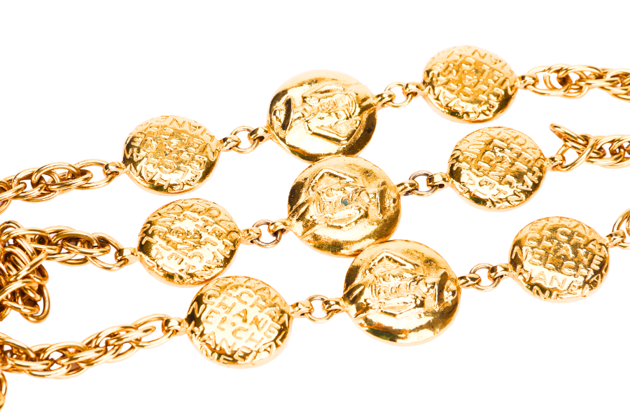 CHANEL VINTAGE GOLD PLATED NECKLACE 88CM NINE GOLD PLATED PENDANTS WITH FONTS ENGRAVES, NO BOX