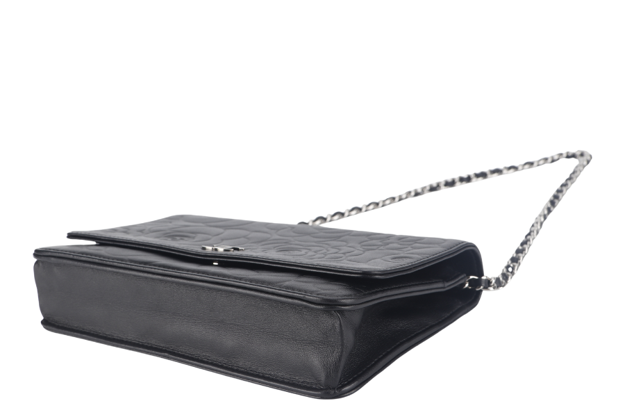 CHANEL CAMELLIA W.O.C (1609xxxx) BLACK EMBOSSED LAMBSKIN SILVER HARDWARE  WITH  AND BOX