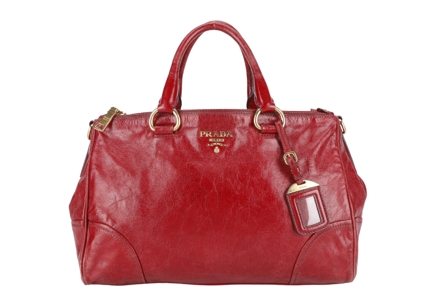 PRADA RUBINO VITELLO SHINE LEATHER SHOPPING TOTE BAG BN2533 GOLD HARDWARE WITH STRAPS