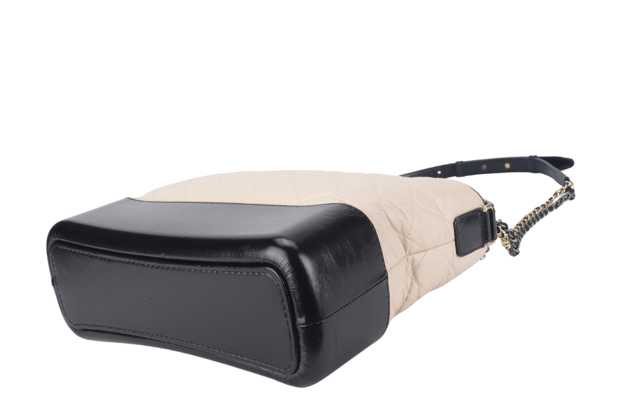 CHANEL GABRIELLE HOBO MEDIUM (2403xxxx) BEIGE-BLACK AGED CALFSKIN WITH GOLD TONE/SILVER TONE & RUTHENIUM HARDWARE WITH DUST COVER AND BOX