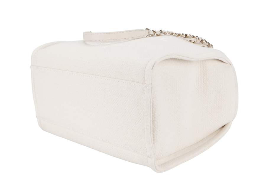 CHANEL DEAUVILLE SMALL BEIGE & WHITE CANVAS (K17Lxxxx) GOLD HARDWARE WITH DUST COVER AND BOX