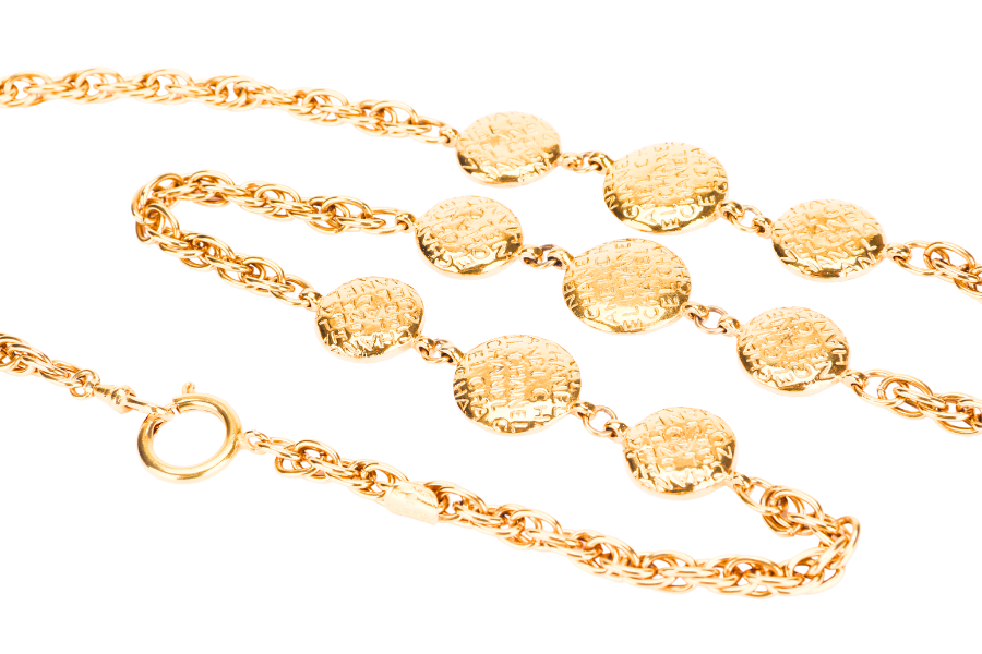 CHANEL VINTAGE GOLD PLATED NECKLACE 88CM NINE GOLD PLATED PENDANTS WITH FONTS ENGRAVES, NO BOX