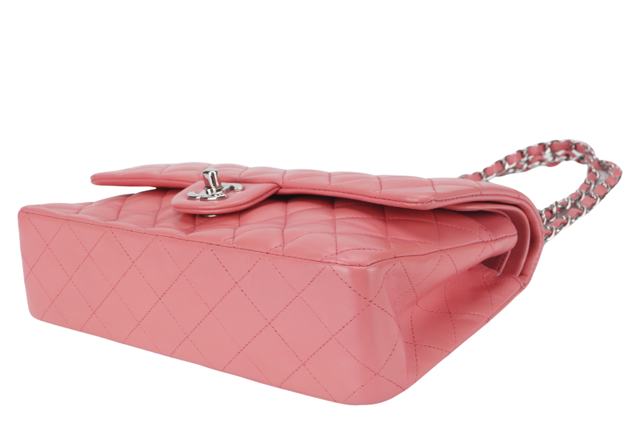 CHANEL FLAP MEDIUM (1632xxxx) PINK LAMBSKIN LEATHER SILVER HARDWARE WITH , DUST COVER AND BOX