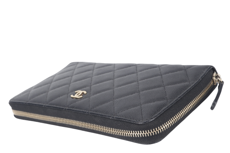 CHANEL ZIP AROUND WALLET (2450xxxx) BLACK CAVIAR LEATHER GOLD HARDWARE WITH  AND BOX