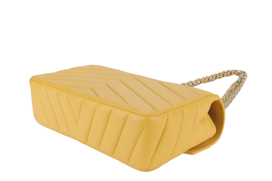 CHANEL CHEVRON FLAP (2432xxxx) MUSTARD MATTE CAVIAR SILVER HARDWARE WITH  AND BOX