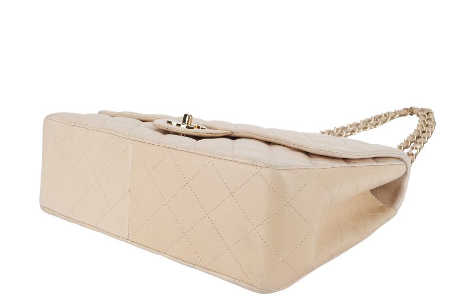 CHANEL CLASSIC SINGLE FLAP (1309xxxx) JUMBO BEIGE LAMBSKIN GOLD HARDWARE WITH