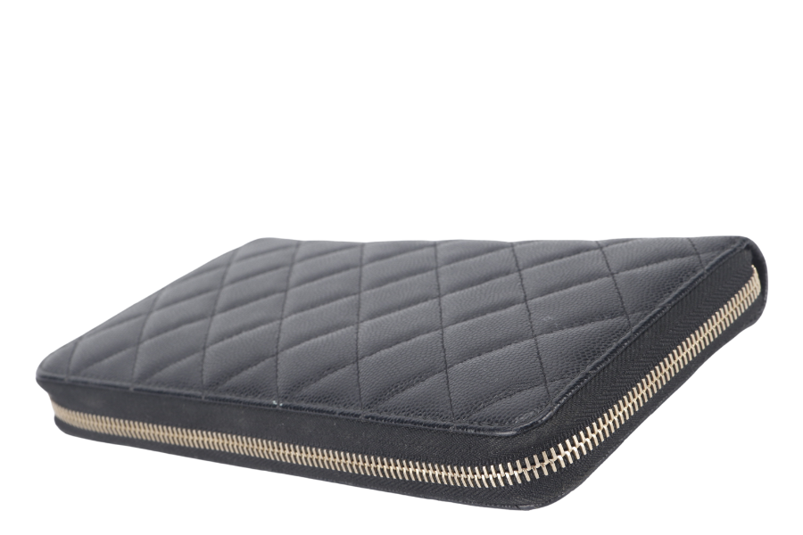 CHANEL ZIP AROUND WALLET (2450xxxx) BLACK CAVIAR LEATHER GOLD HARDWARE WITH  AND BOX