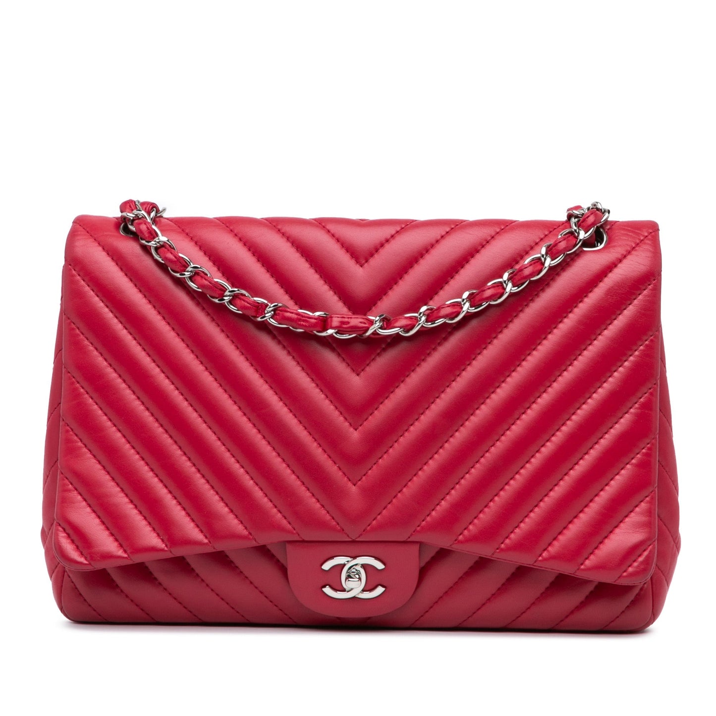 Red Chanel Maxi Classic Chevron Lambskin Single Flap Shoulder Bag