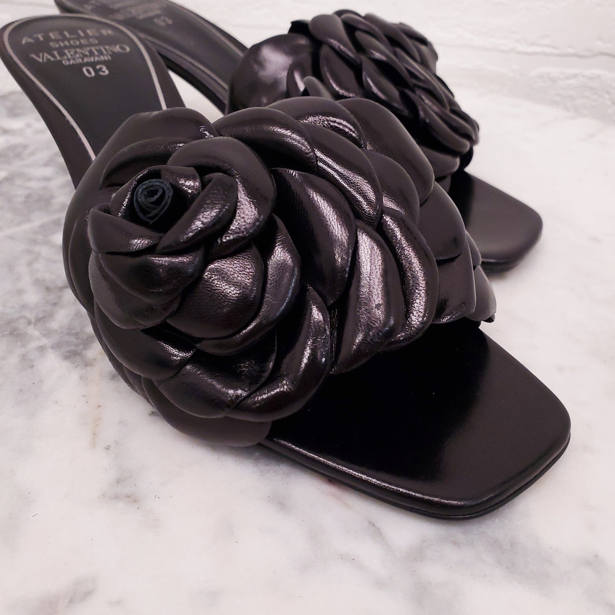 VALENTINO BLACK ROSETTE KITTEN HEELS - SIZE 37.5
