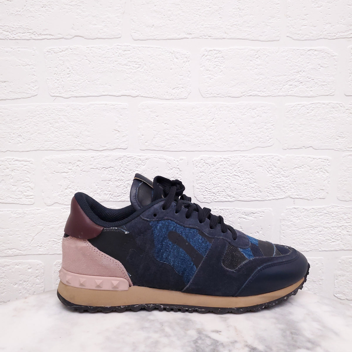 VALENTINO DENIM AND PINK SUEDE ROCKSTUD SNEAKERS - SIZE 37