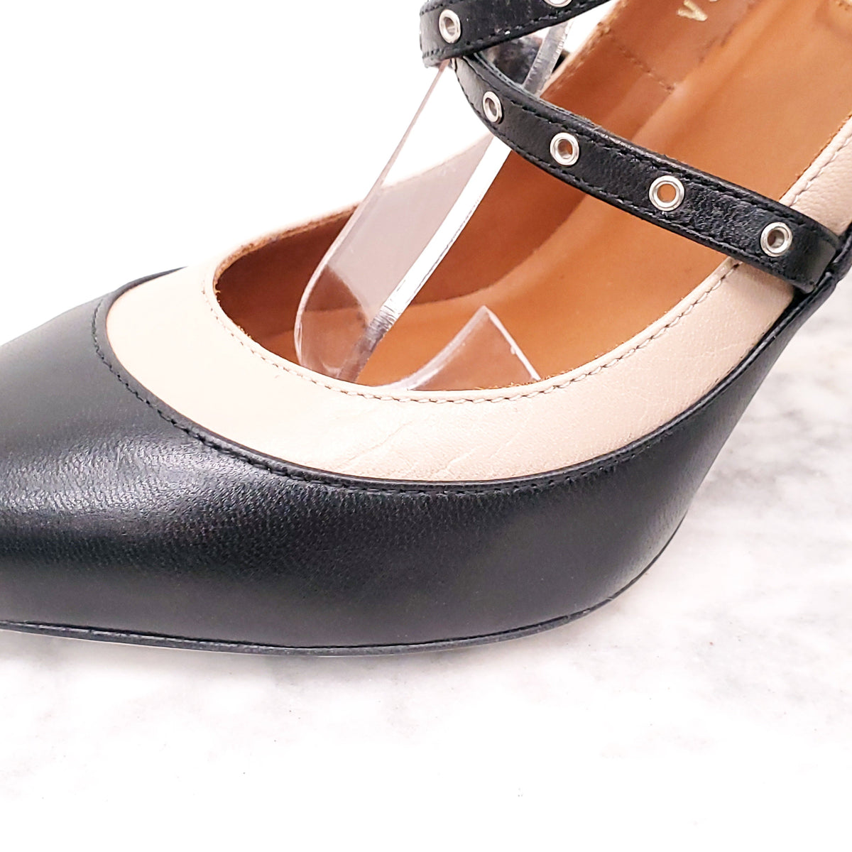 VALENTINO LOVE LATCH BLACK AND NUDE HEELS - SIZE 36.5
