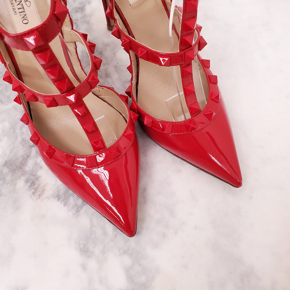 VALENTINO RED ROCKSTUD HEELS - SIZE 37.5