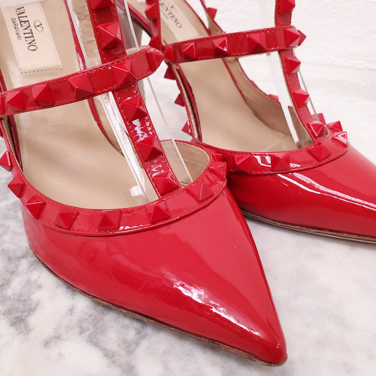 VALENTINO RED ROCKSTUD HEELS - SIZE 37.5