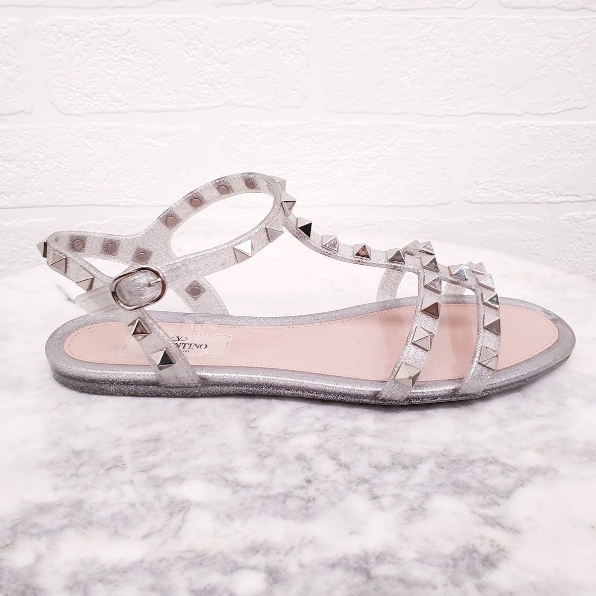 VALENTINO SILVER SPARKLE ROCKSTUD JELLY SANDALS - SIZE 36