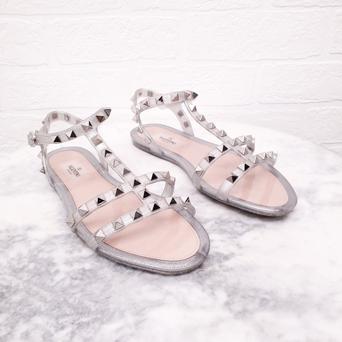 VALENTINO SILVER SPARKLE ROCKSTUD JELLY SANDALS - SIZE 36