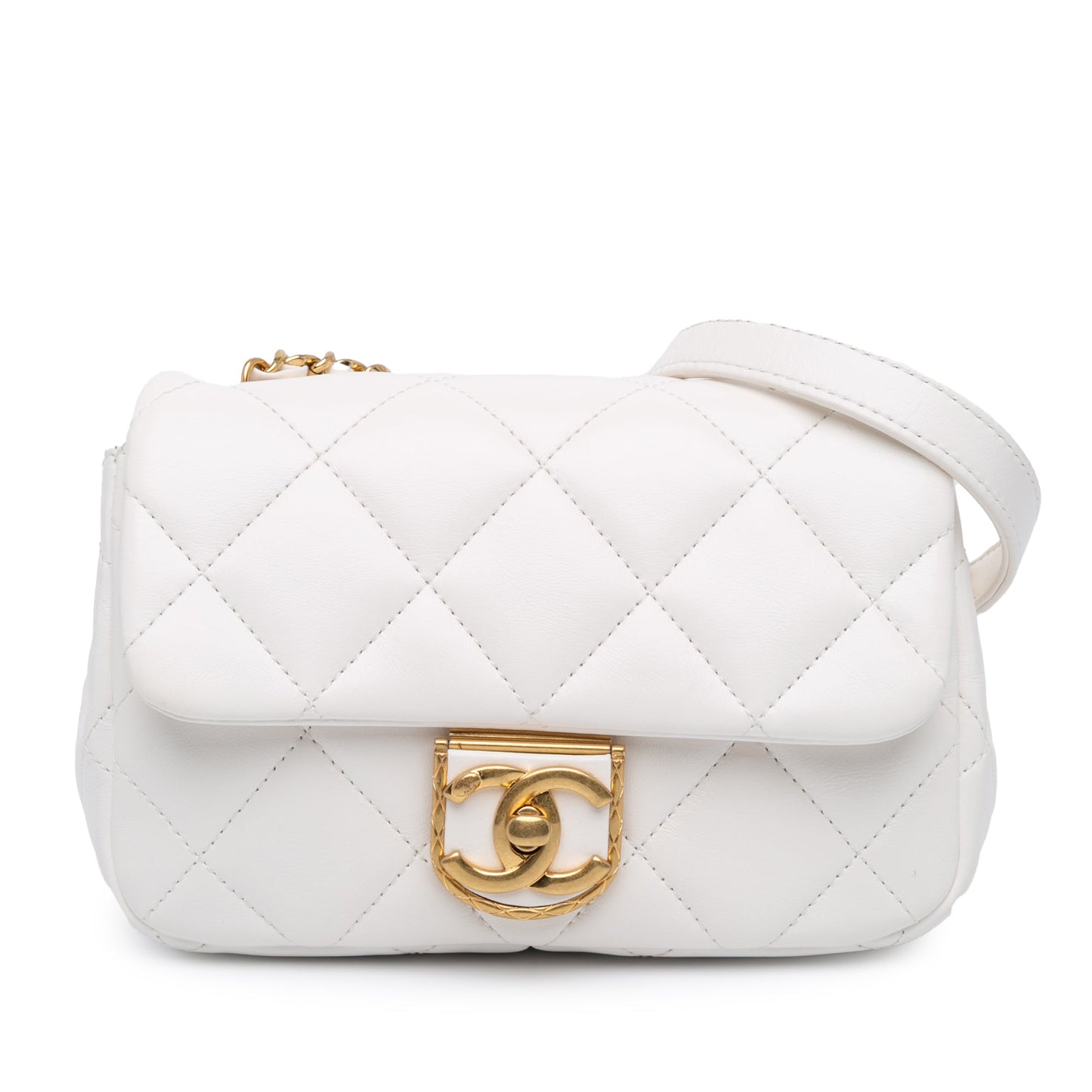 White Chanel Mini Quilted Lambskin Messenger Flap Crossbody Bag