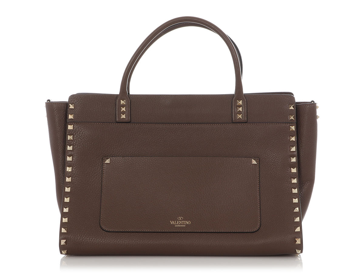 Valentino Medium Brown Rockstud Leather Tote