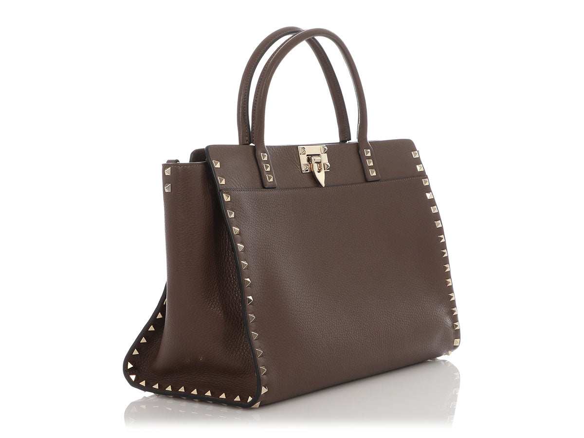 Valentino Medium Brown Rockstud Leather Tote