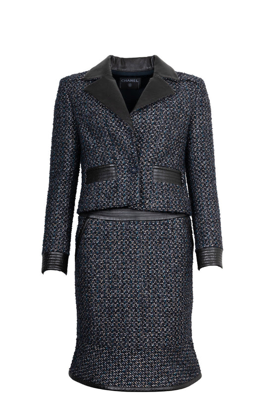 CHANEL 2002 Tweed Leather Detail Two Piece Black Blue