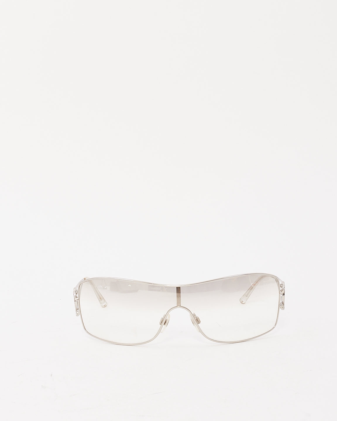 Chanel Vintage Silver Metal Clear Lens Crystal CC Logo Shield Sunglasses