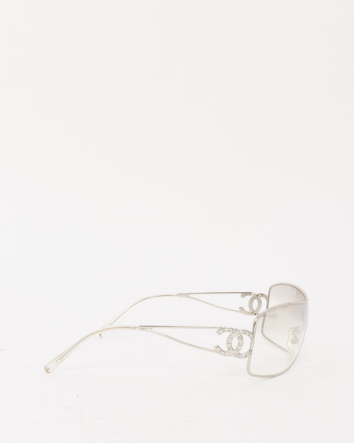 Chanel Vintage Silver Metal Clear Lens Crystal CC Logo Shield Sunglasses