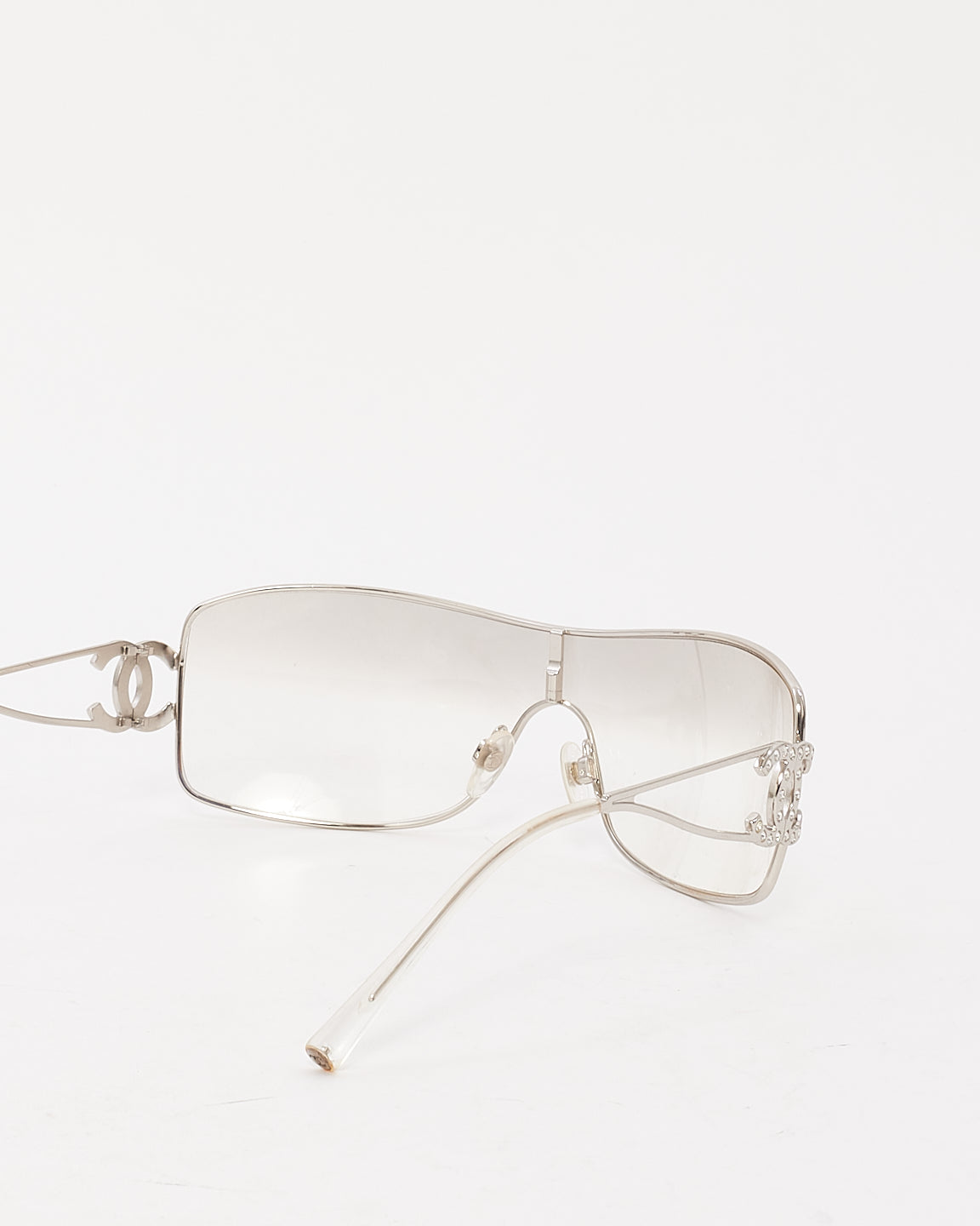Chanel Vintage Silver Metal Clear Lens Crystal CC Logo Shield Sunglasses