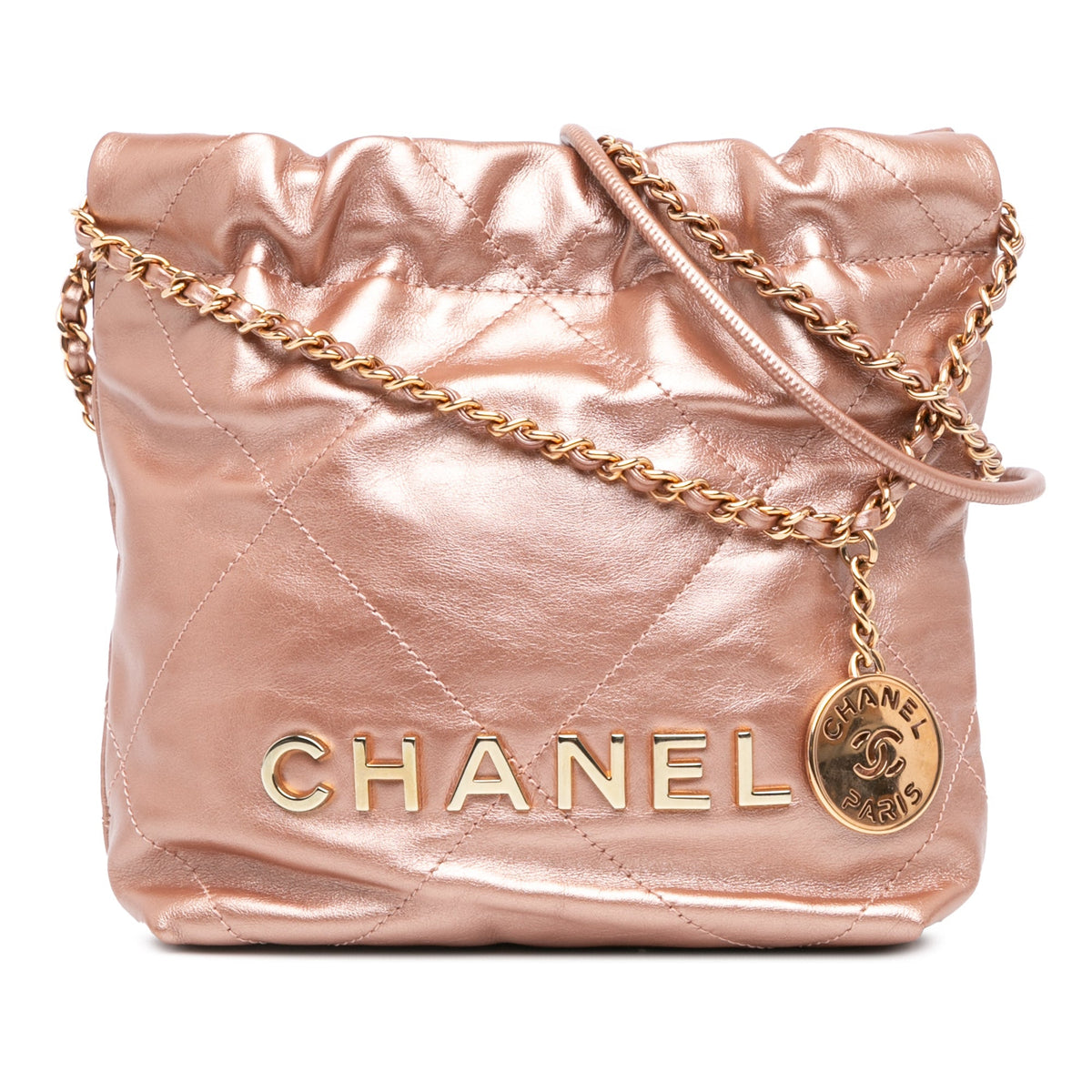 Pink Chanel Mini Metallic Quilted Calfskin 22 Satchel