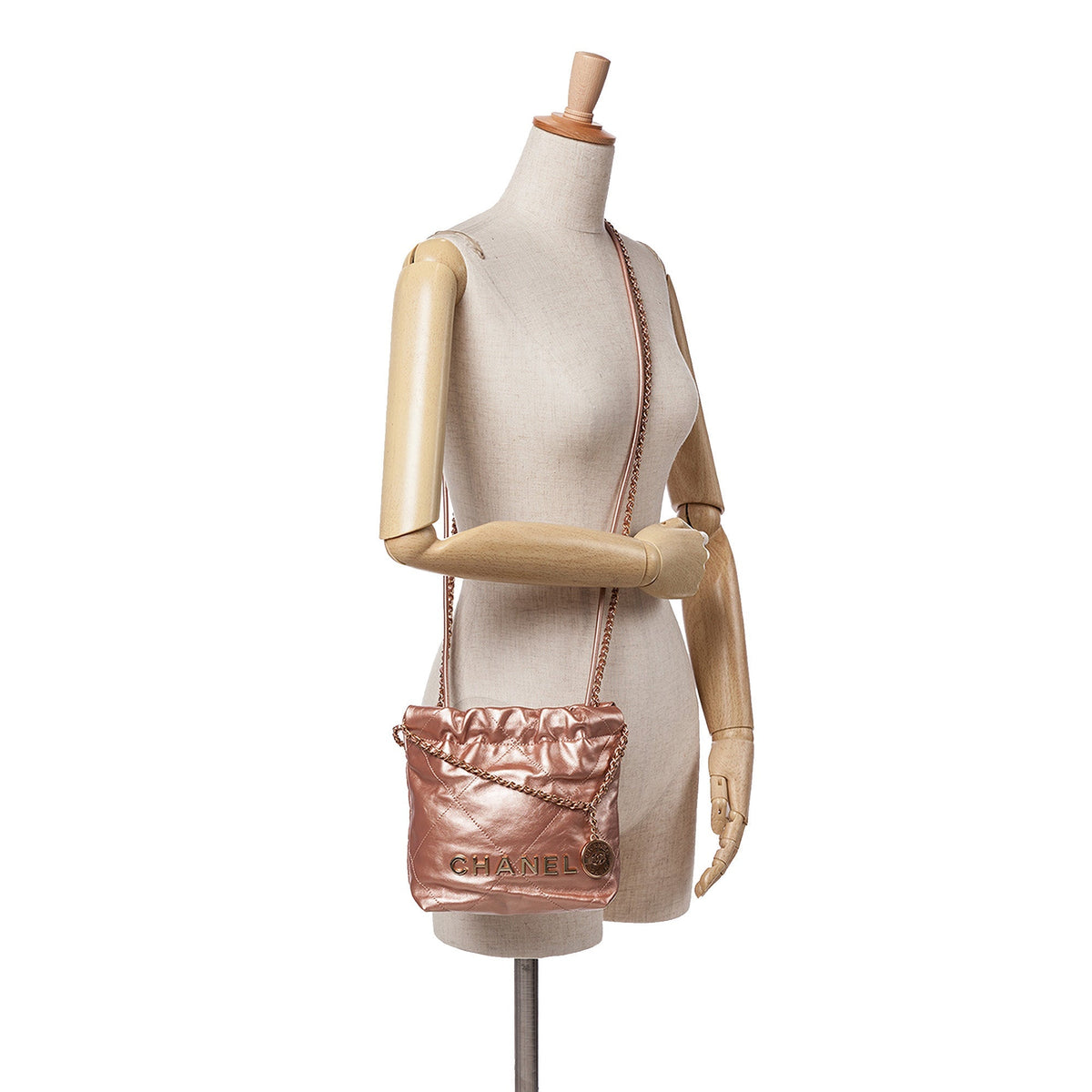 Pink Chanel Mini Metallic Quilted Calfskin 22 Satchel