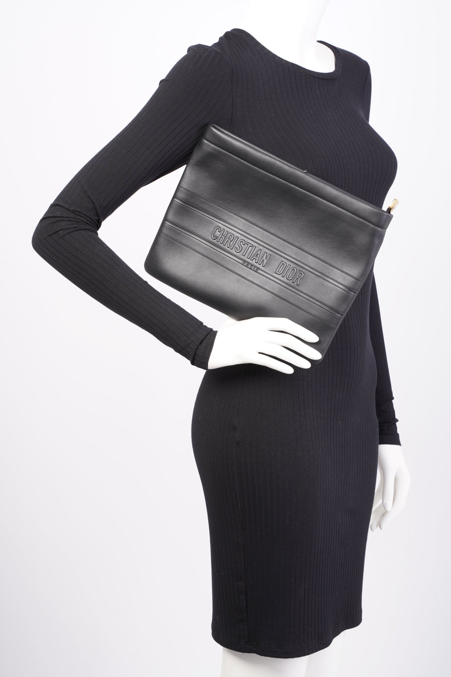 Christian Dior Stripe Pouch Black Leather