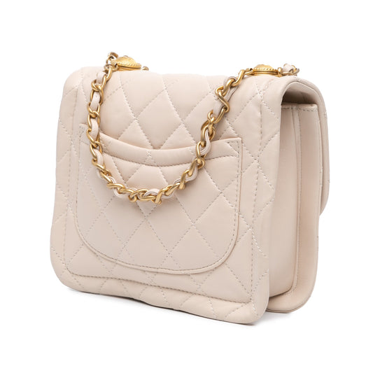 Blush Chanel Small Lambskin Button On Top Flap Crossbody Bag