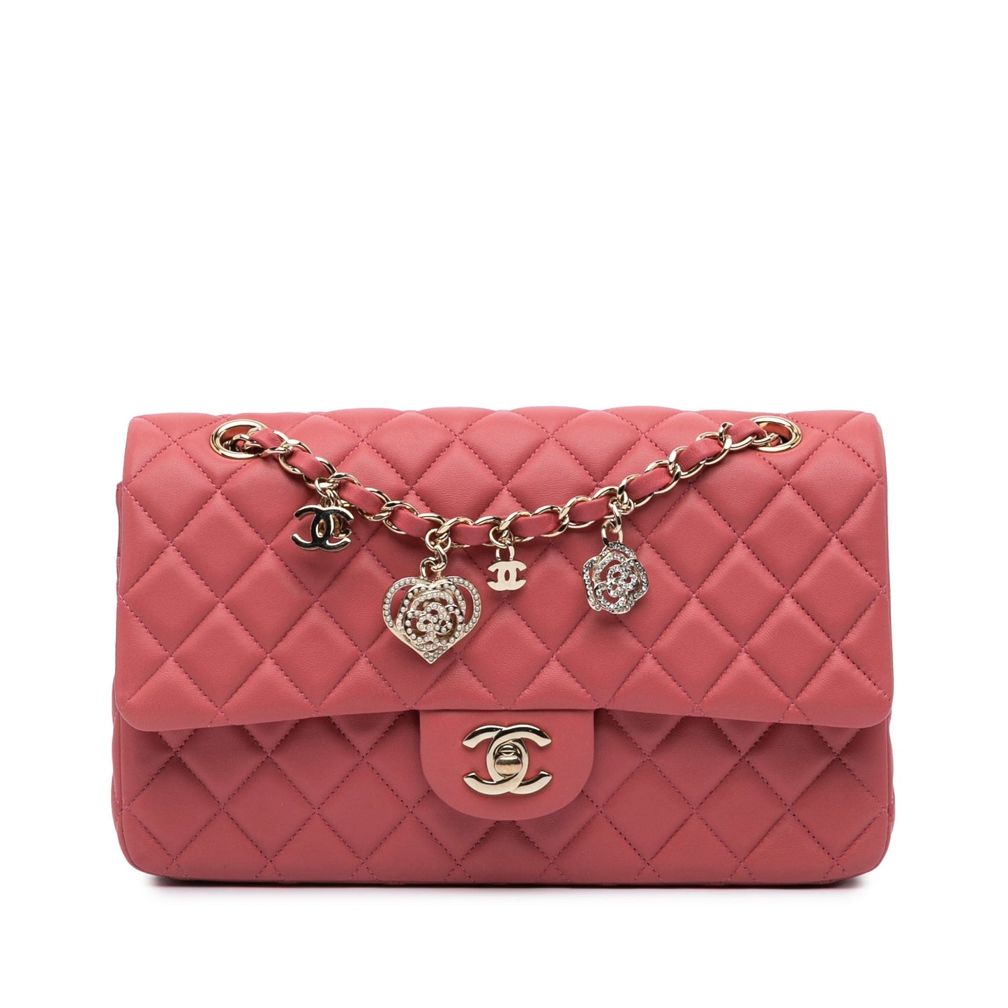 Pink Chanel Medium Lambskin Valentine Heart Charms Single Flap Shoulder Bag