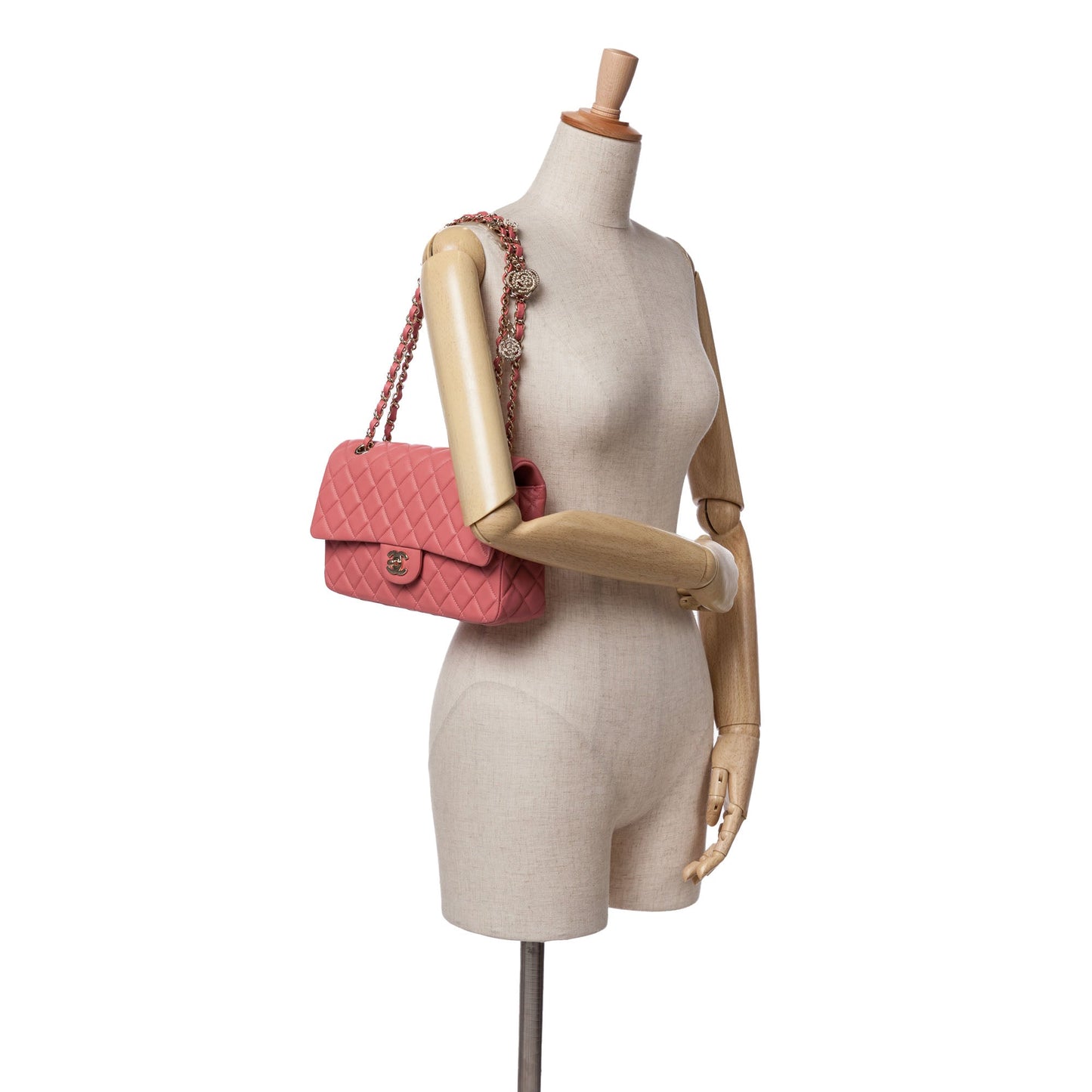 Pink Chanel Medium Lambskin Valentine Heart Charms Single Flap Shoulder Bag