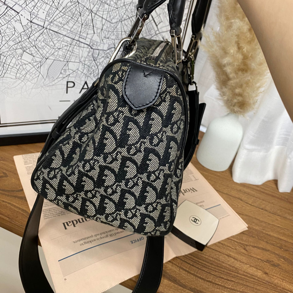 Oblique Canvas Boston Bag Black