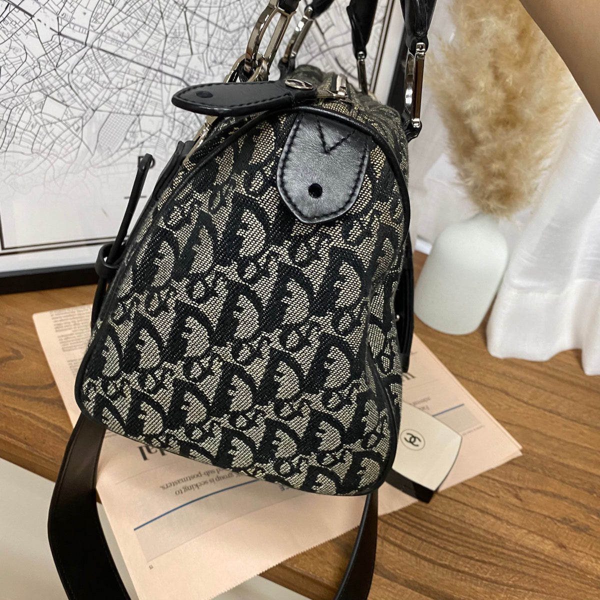 Oblique Canvas Boston Bag Black