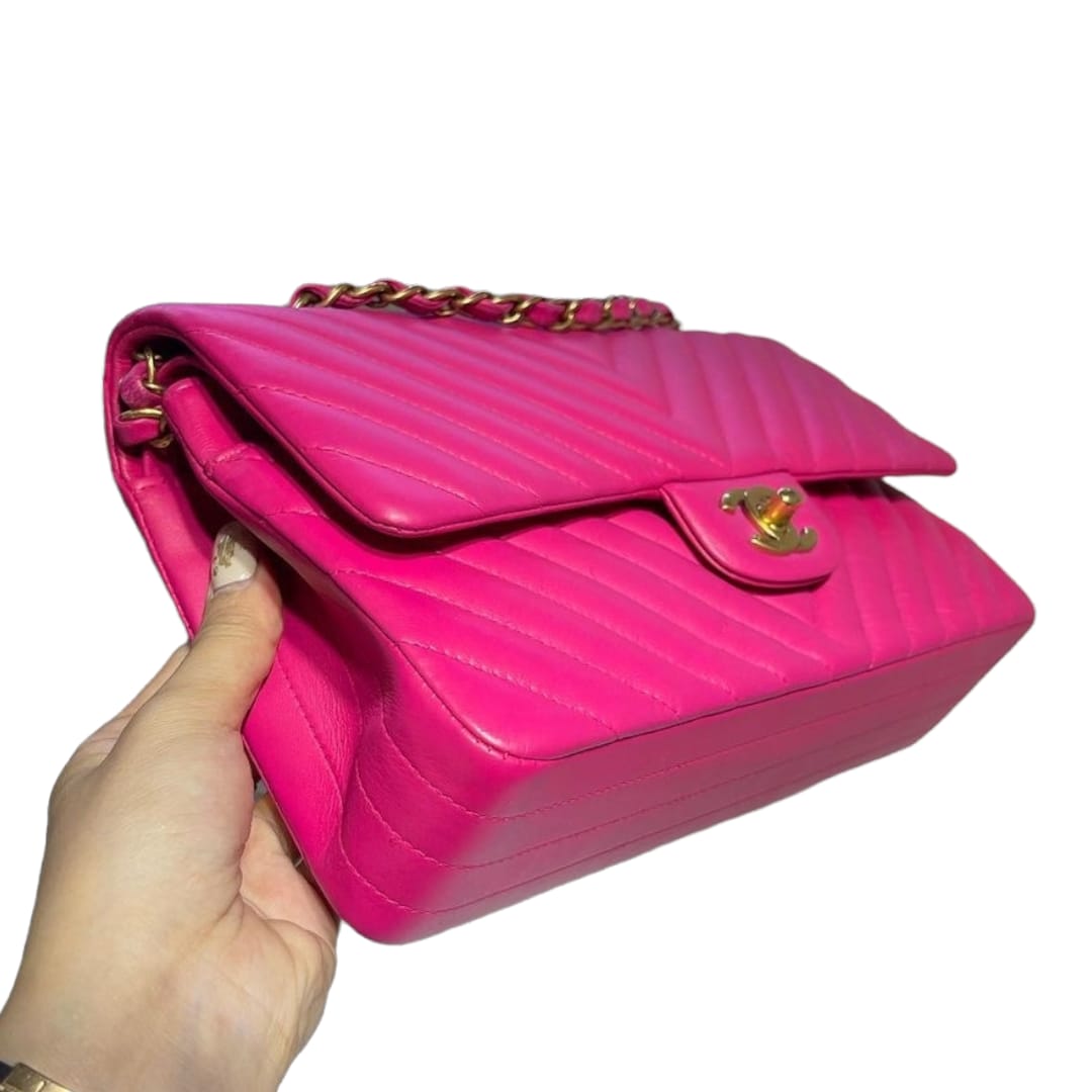 Classic Chevron Double Flap Medium Lambskin Pink GHW