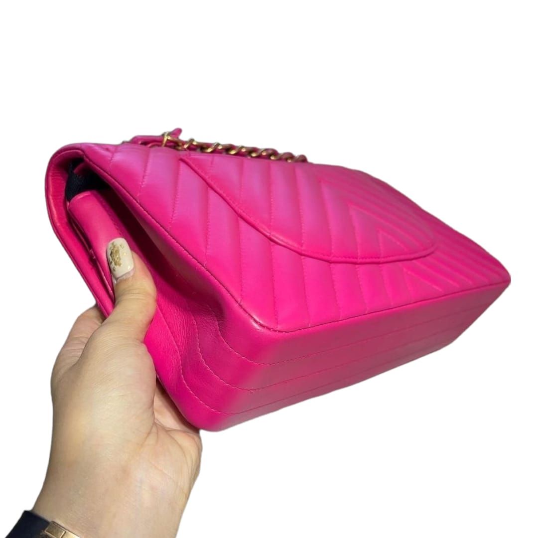 Classic Chevron Double Flap Medium Lambskin Pink GHW