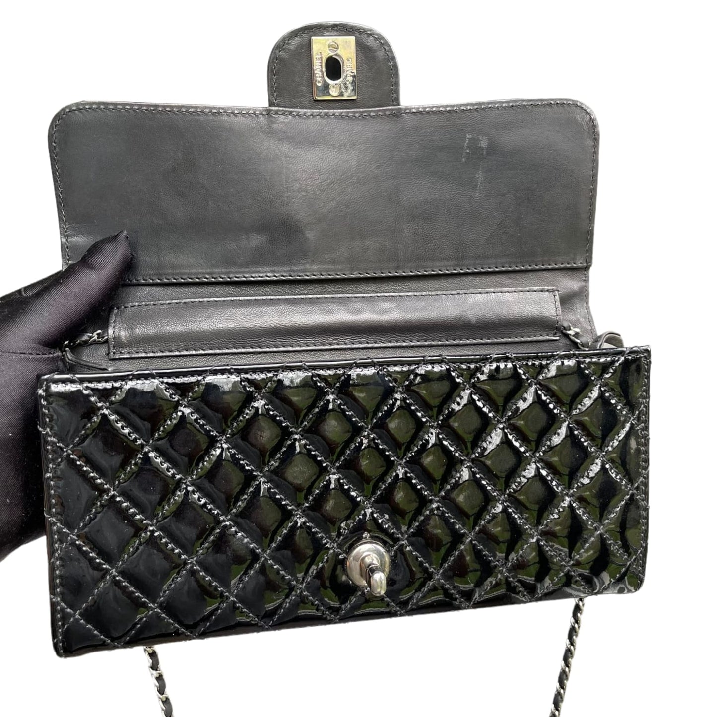 Brilliant Wallet on Chain Clutch East West Patent Black SHW