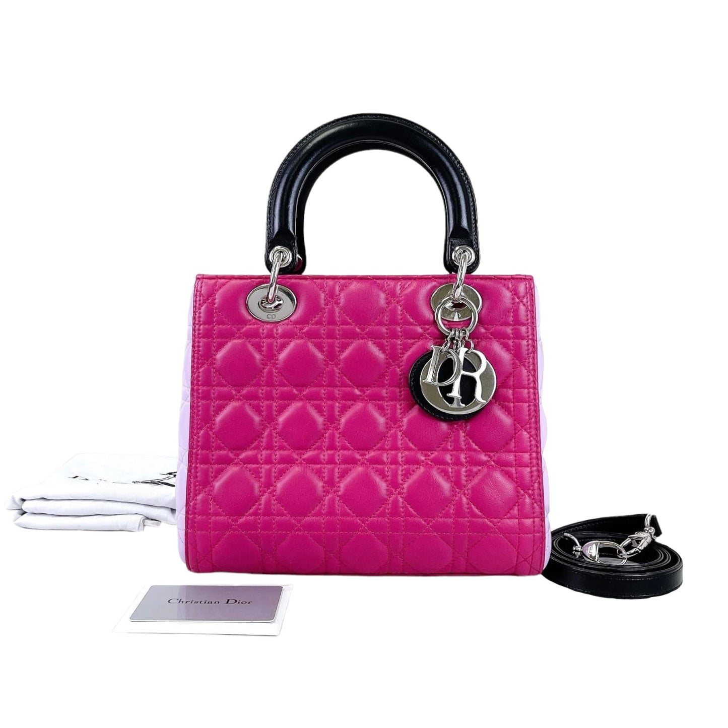 Medium Tri-Color Lady Dior Lambskin Black Dark and Light Pink SHW