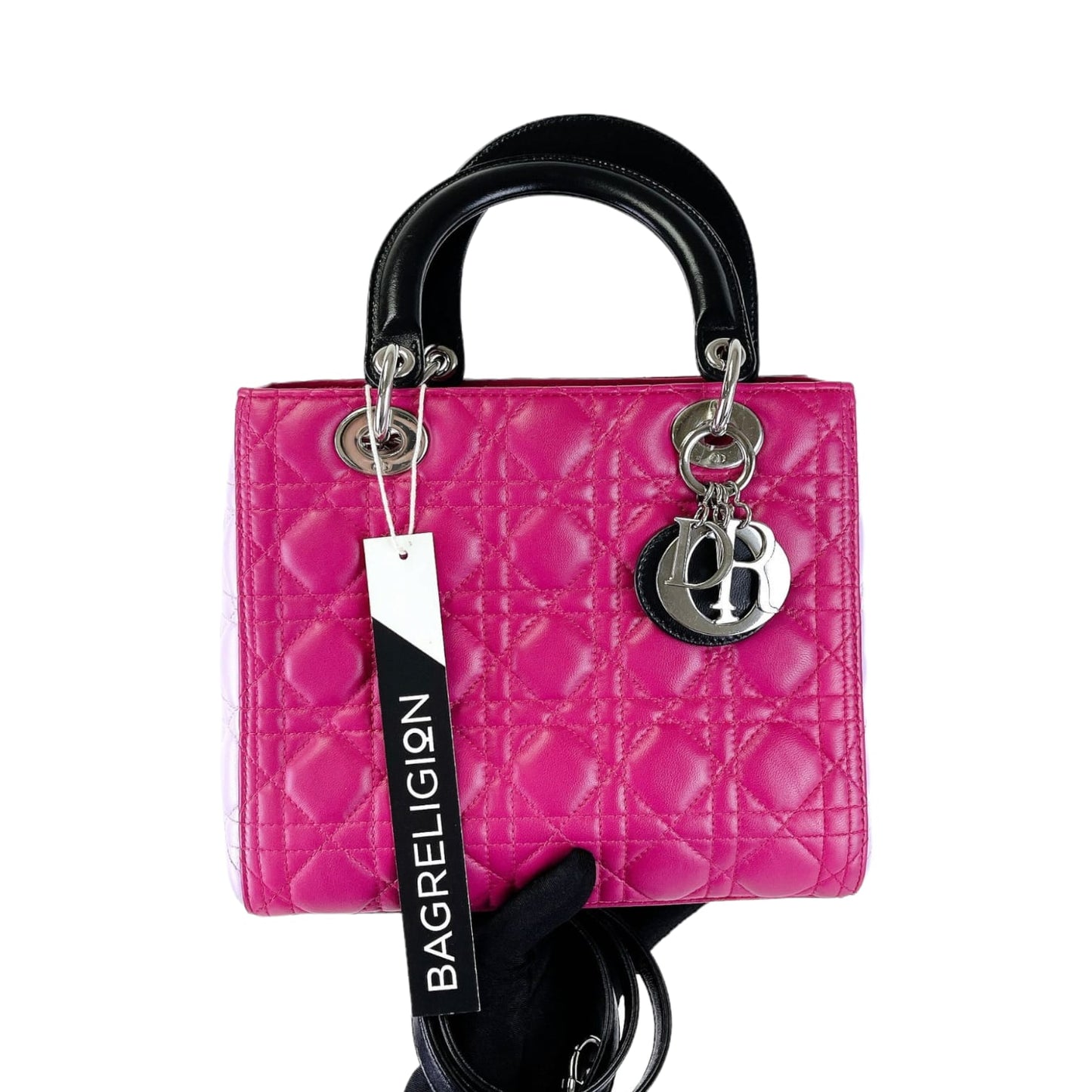 Medium Tri-Color Lady Dior Lambskin Black Dark and Light Pink SHW