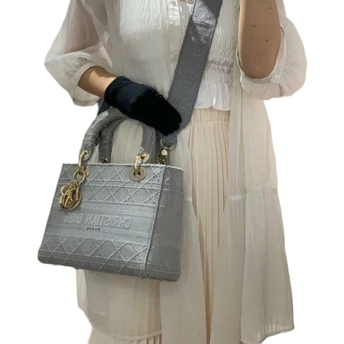 Medium Lady D-Lite  Canvas Embroidered Grey GHW