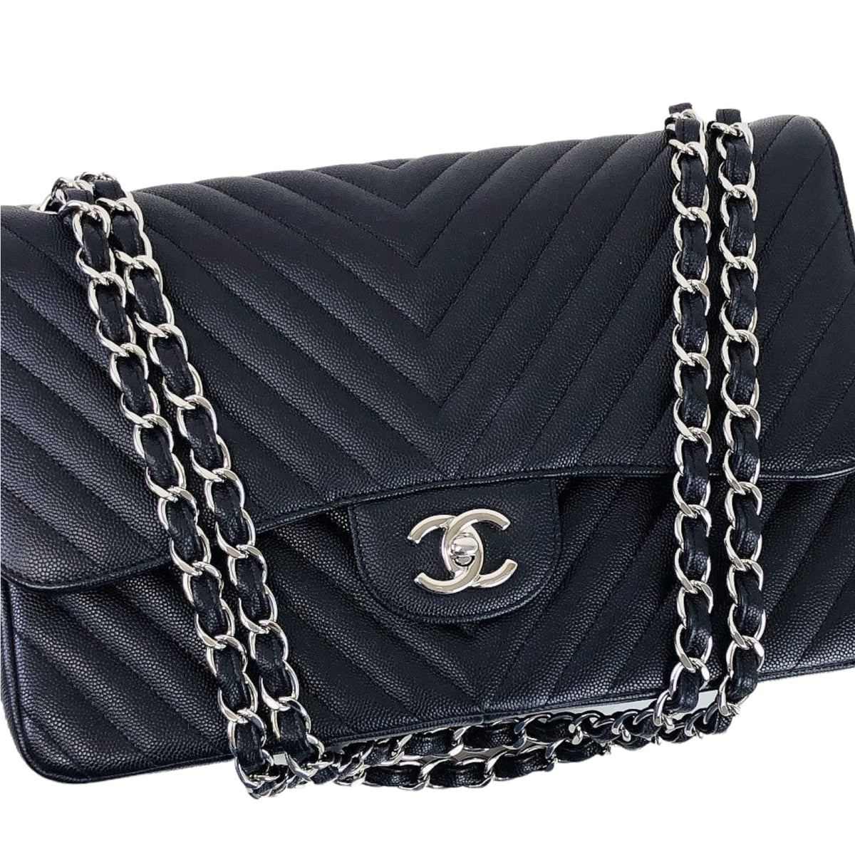 Jumbo Classic Flap Caviar Black Chevron SHW