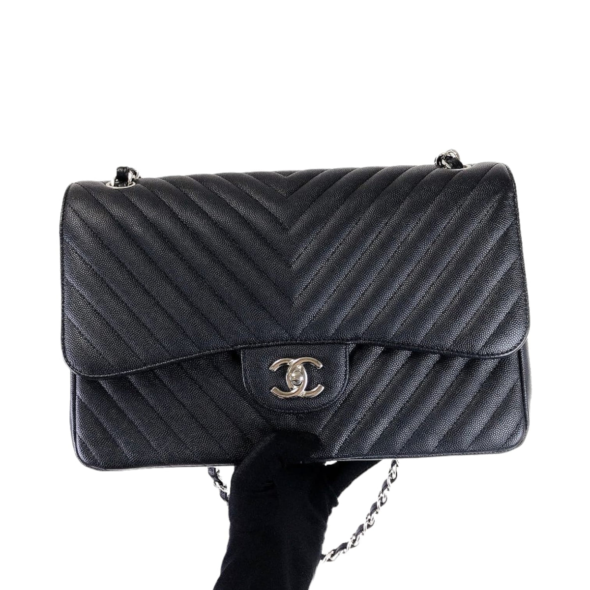Jumbo Classic Flap Caviar Black Chevron SHW