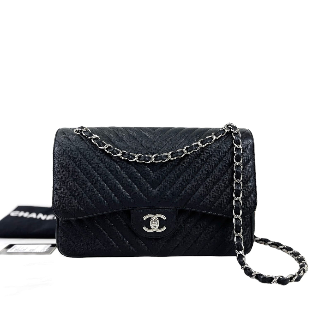 Jumbo Classic Flap Caviar Black Chevron SHW