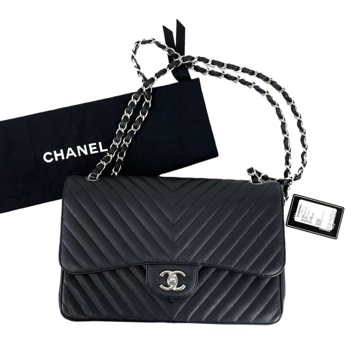 Jumbo Classic Flap Caviar Black Chevron SHW